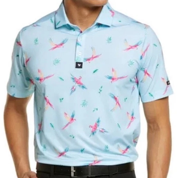 Bad Birdie Men's ‘Macaw’ Blue Parrot Print Polo Golf Shirt - Picture 2 of 4